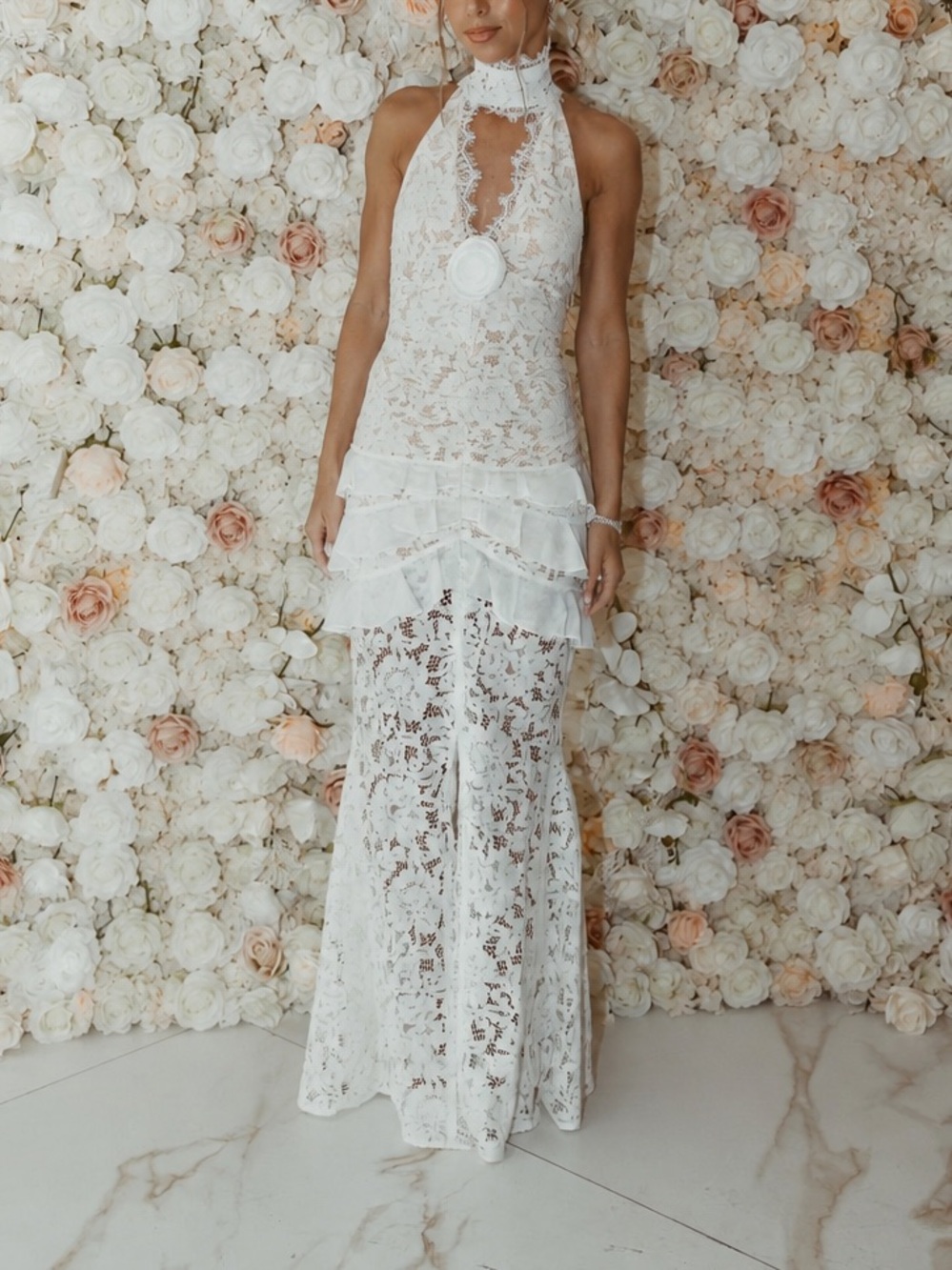 White Lace Halter Maxi Dress